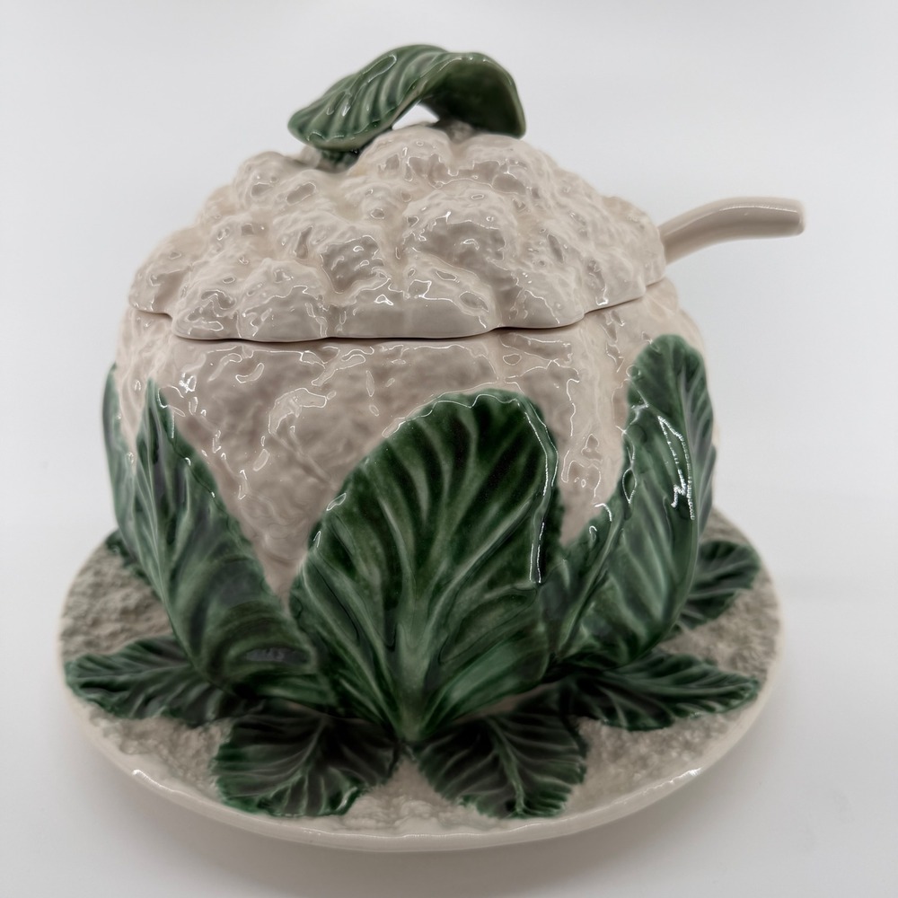 Vintage Portugal Ceramic Cauliflower Tureen Set Lid Ladle Underplate Majolica